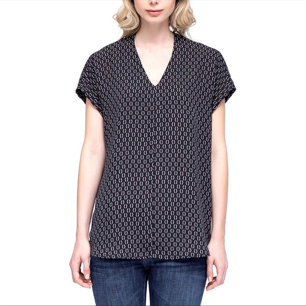 Pleione Size Small Black Comma Print Folded Sleeves Henley Blouse